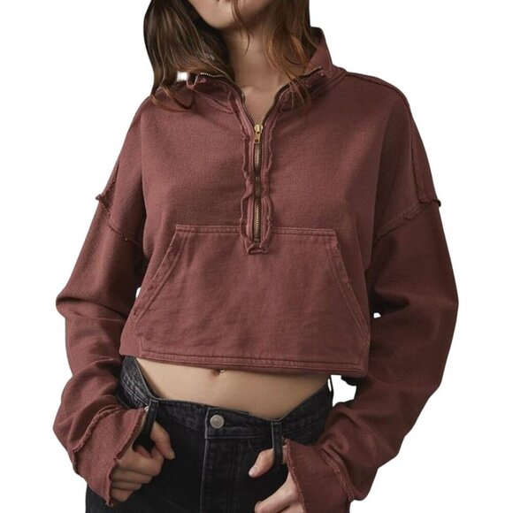 Free People We The Free Kitty Pullover Faded Rust Pockets Zip Raw Seams Size L - Picture 1 of 12